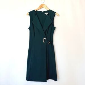Calvin Klein Dress Size 6 Forest Green Double Breasted Wrap Collar Belt Knit